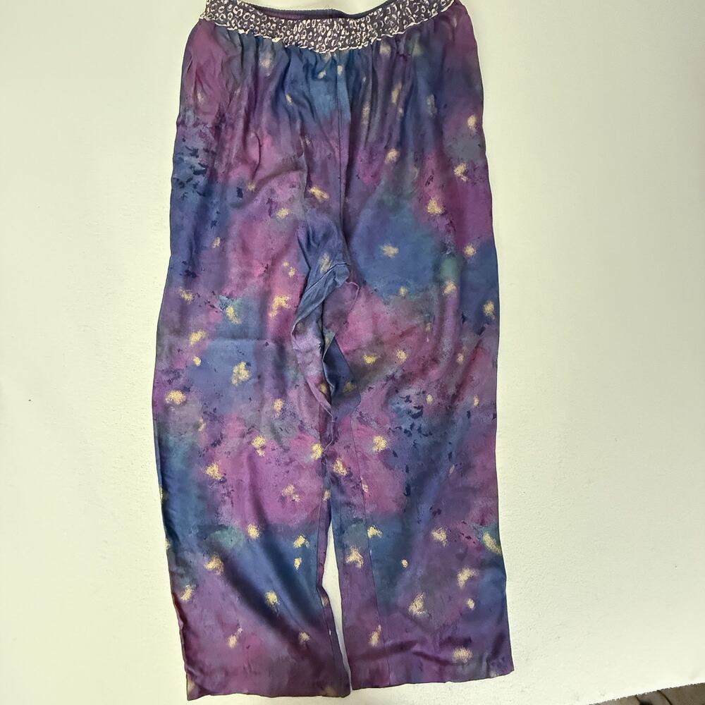 Women's Tie Dye Pull On Wide Leg Pants Purple Blue Gold Elastic Waist